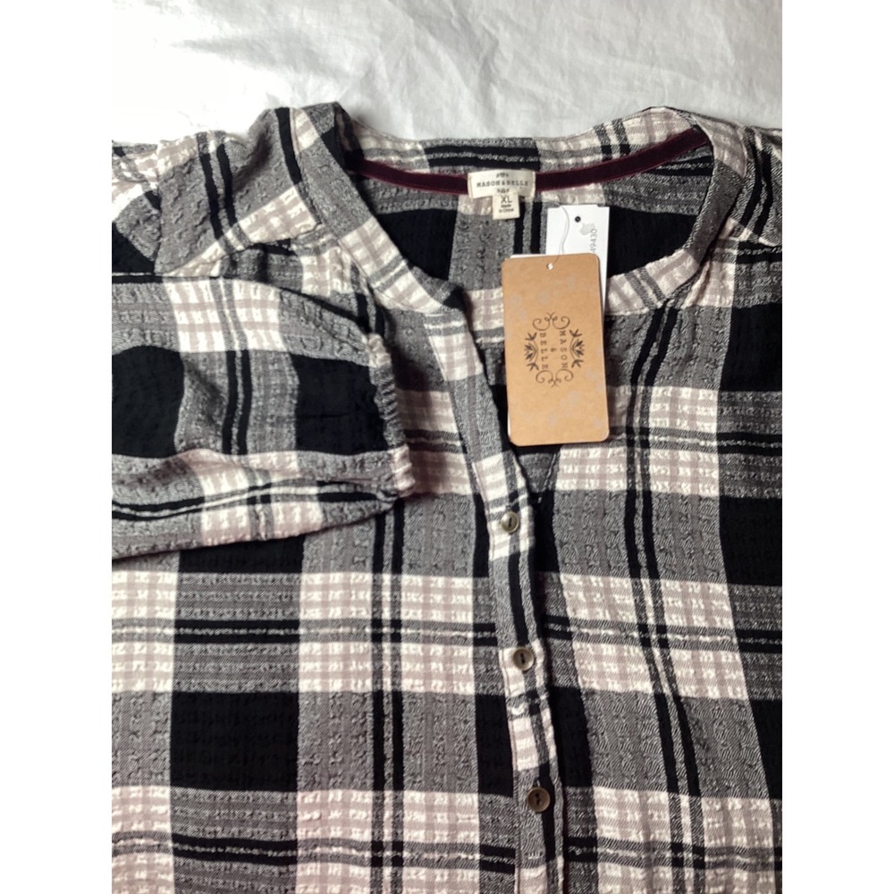Mason & Belle Womens XL Plaid Button Front Blouse Black Tan Long Sleeve NEW